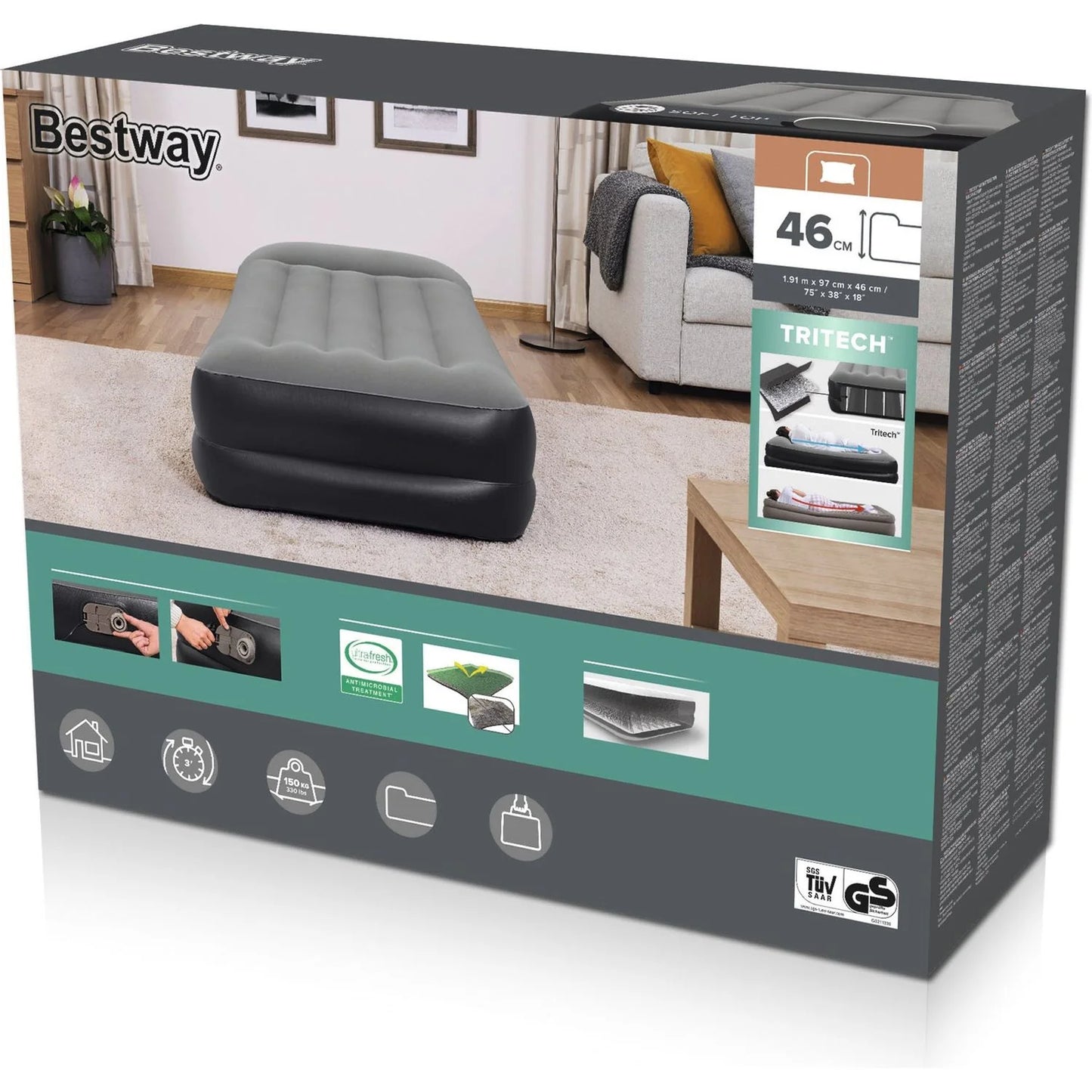 Materasso Singolo Gonfiabile Bestway Tritech 191x97x46 cm con Pompa Integrata – Portata 150 kg