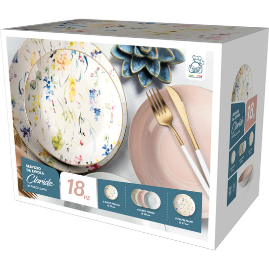 Servizio Piatti 18 Pezzi Cloride in Porcellana – Decorazione Floreale, Lavabile in Lavastoviglie e Microonde