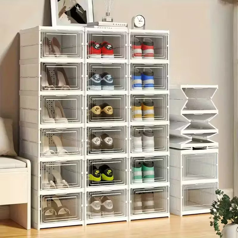 Scarpiera Pieghevole 6 Ripiani in Plastica Rigida – Salvaspazio, Impilabile, con Sportello Trasparente