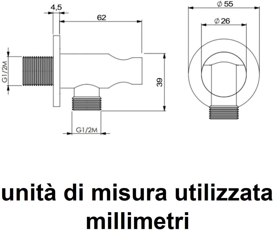 Presa Acqua a Muro Rotonda in Ottone con Supporto Doccetta e Rosetta – Attacco Universale 1/2” – Uscita per Soffione Doccia – Finitura Silver Zenzero