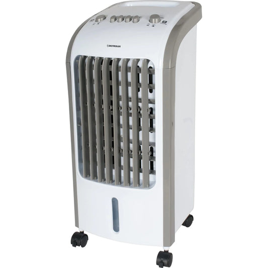 raffrescatore portatile 80w con serbatoio 4l e funzione swing raffrescatore evaporativo con 2 ice box inclusi su ruote dettaglio pannello comandi raffrescatore portatile 3 velocità vista laterale raffrescatore compatto dimensioni 58x25x26 cm raffrescament