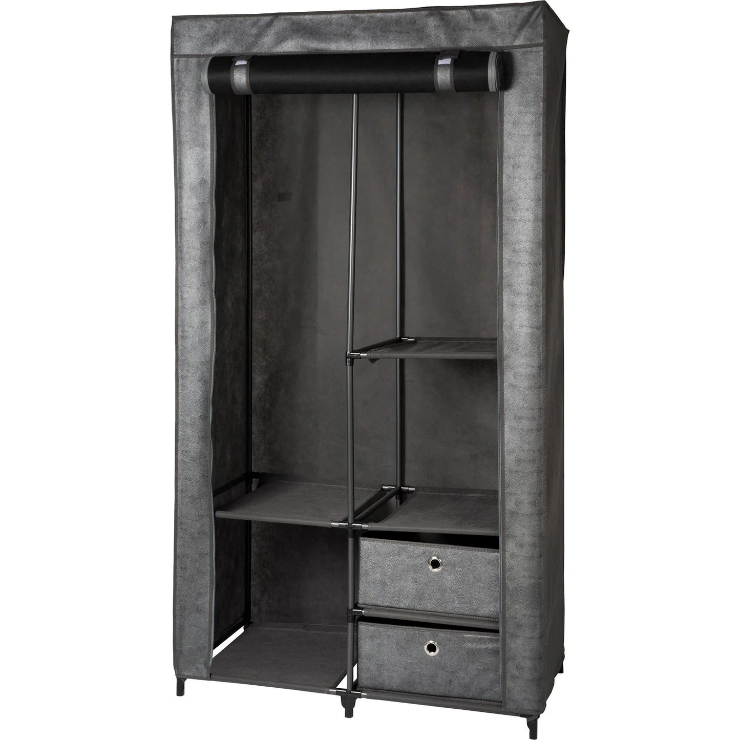 Armadio in Tessuto con Appendiabiti e Ripiani – Struttura in Acciaio, 4 Ripiani, 2 Cassetti, 170x90x45 cm
