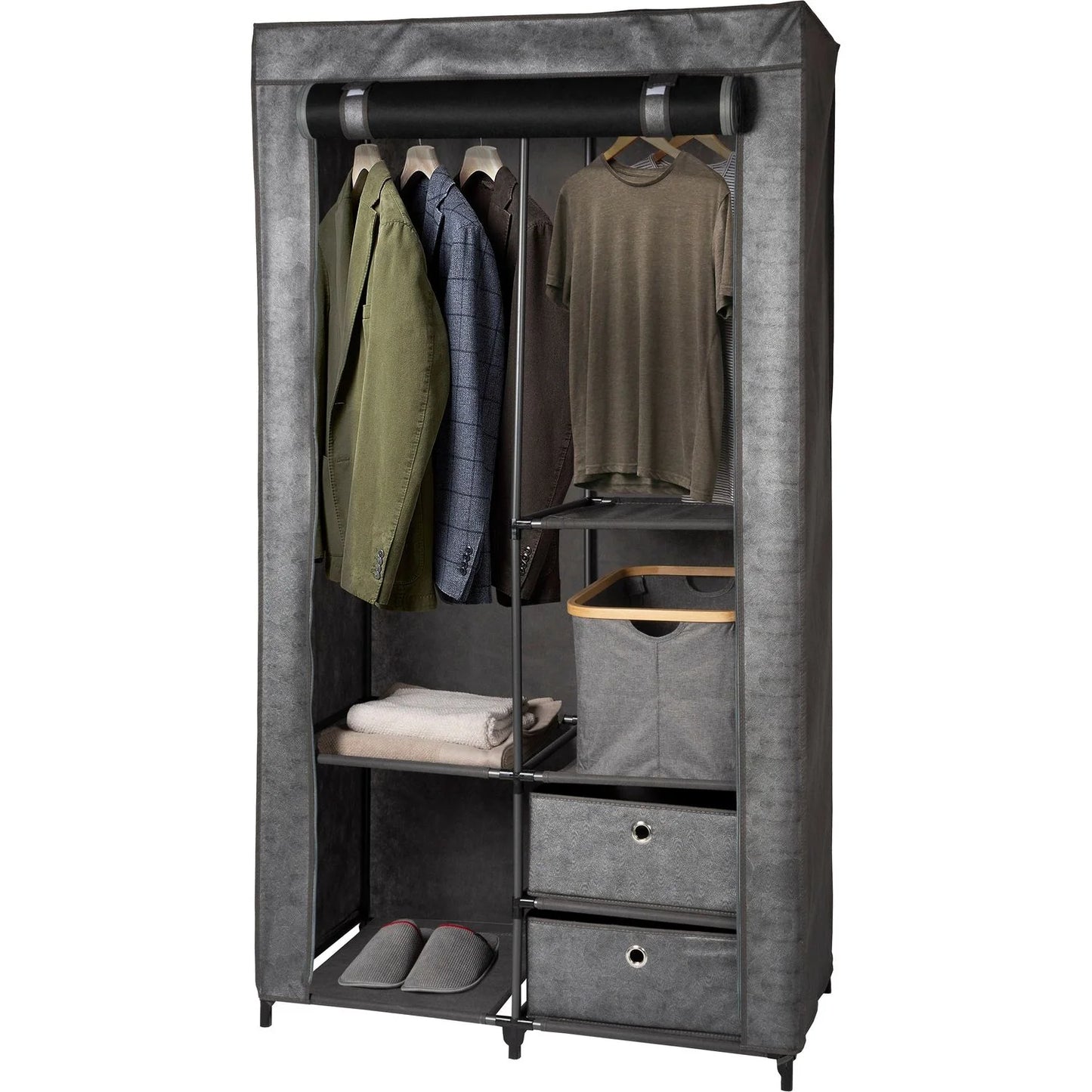 Armadio in Tessuto con Appendiabiti e Ripiani – Struttura in Acciaio, 4 Ripiani, 2 Cassetti, 170x90x45 cm