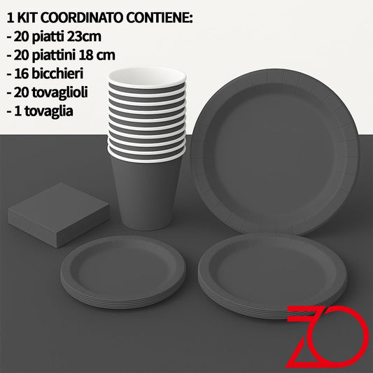 Kit Coordinato Festa Grigio – 77 Pezzi (Piatti, Bicchieri, Tovaglioli, Tovaglia)