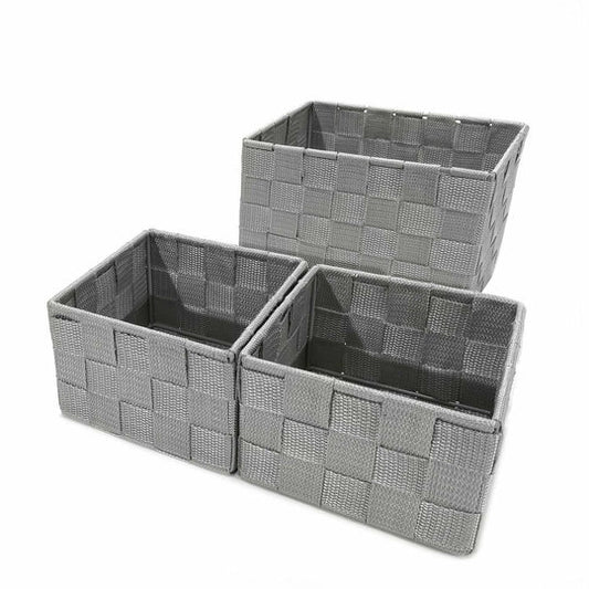 Set 3 Contenitori Intrecciati Grigi – In Polipropilene, 2 Piccoli + 1 Grande