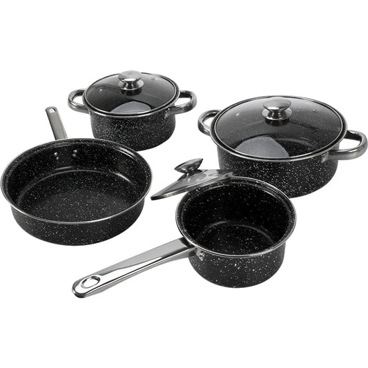 Batteria di Pentole 7 Pezzi Marmorizzate Antiaderenti – Con Coperchi in Vetro, Corpo in Acciaio, Nero Effetto Pietra
