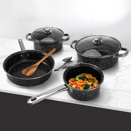 Batteria di Pentole 7 Pezzi Marmorizzate Antiaderenti – Con Coperchi in Vetro, Corpo in Acciaio, Nero Effetto Pietra