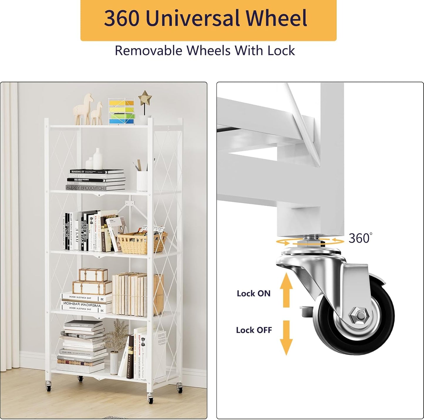 Scaffale Bianco in Metallo Pieghevole con Ruote – 5 Ripiani, Nessun Montaggio Richiesto, Capacità 240kg