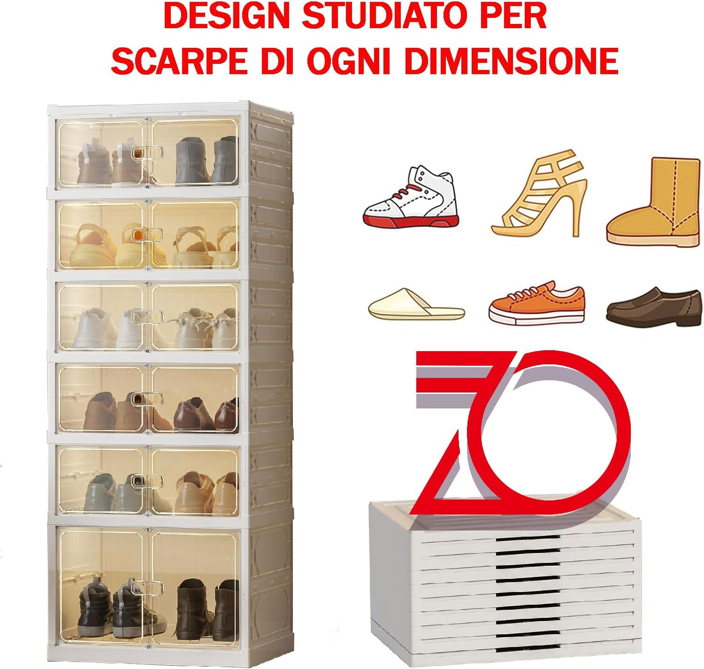 Scarpiera pieghevole a 6 ripiani in plastica con Doppie Ante