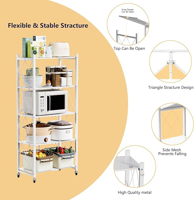 Scaffale Bianco in Metallo Pieghevole con Ruote – 5 Ripiani, Nessun Montaggio Richiesto, Capacità 240kg