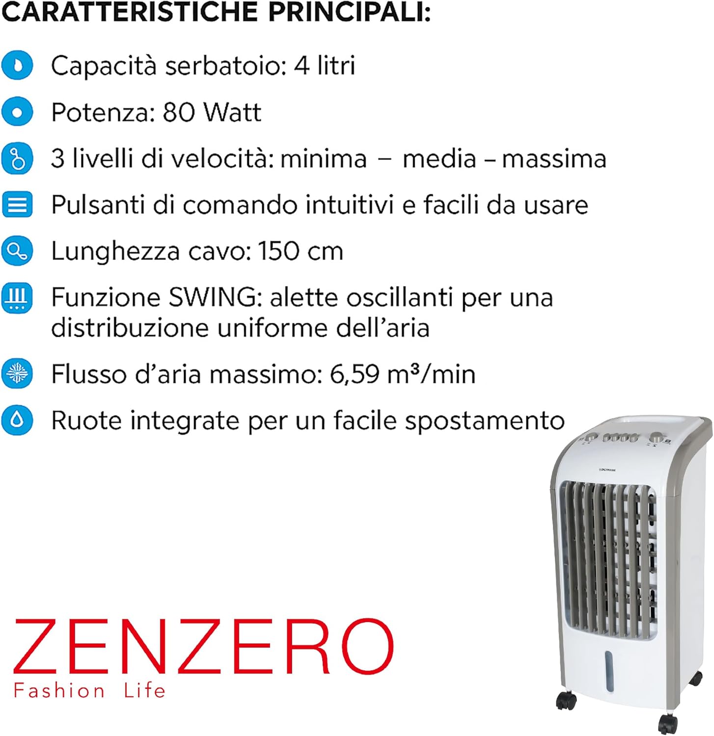 raffrescatore portatile 80w con serbatoio 4l e funzione swing raffrescatore evaporativo con 2 ice box inclusi su ruote dettaglio pannello comandi raffrescatore portatile 3 velocità vista laterale raffrescatore compatto dimensioni 58x25x26 cm raffrescament