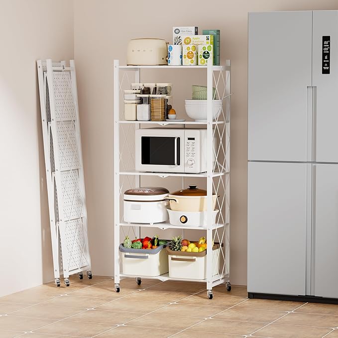 Scaffale Bianco in Metallo Pieghevole con Ruote – 5 Ripiani, Nessun Montaggio Richiesto, Capacità 240kg