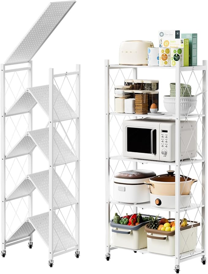 Scaffale Bianco in Metallo Pieghevole con Ruote – 5 Ripiani, Nessun Montaggio Richiesto, Capacità 240kg
