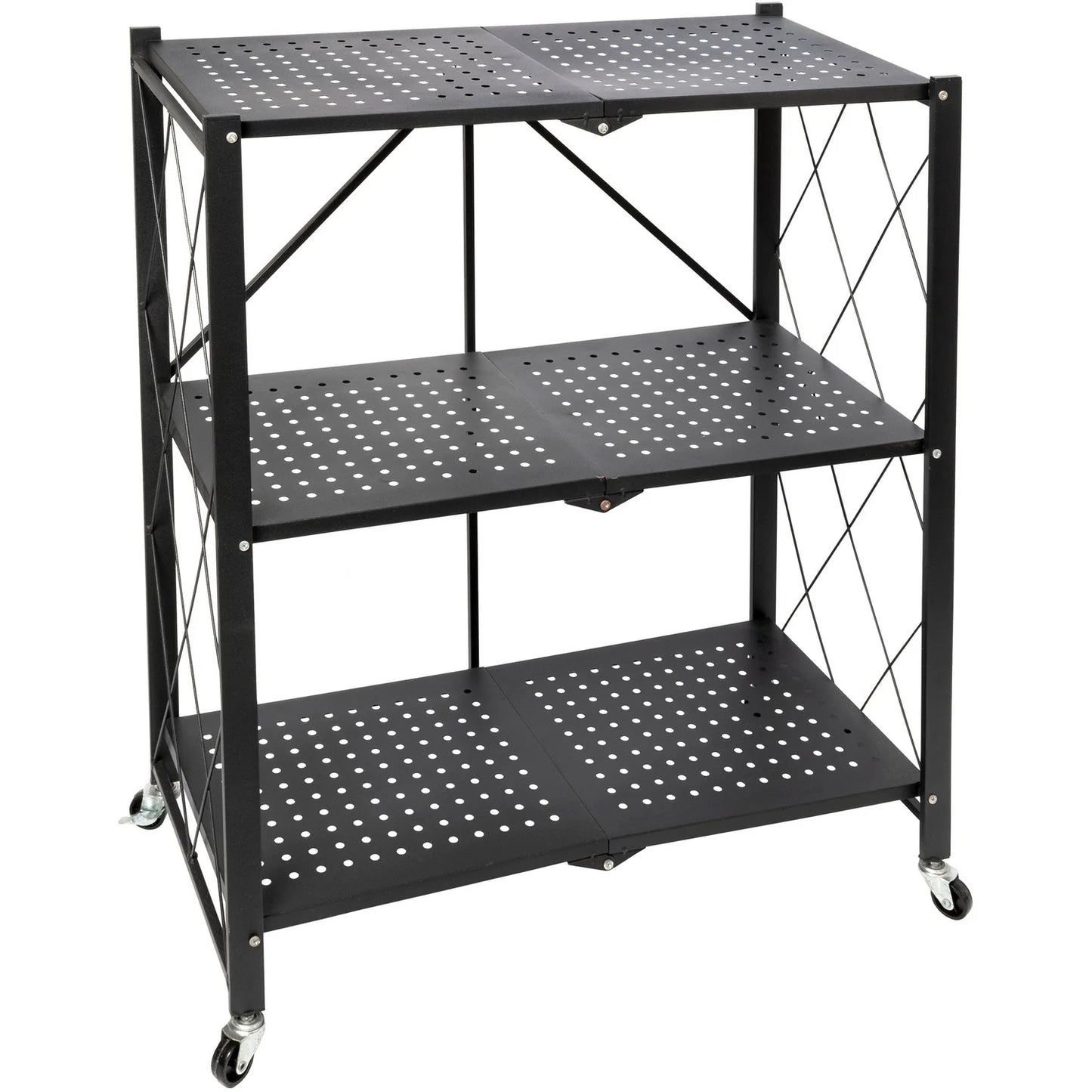 Scaffale Pieghevole Nero con 3 Ripiani in Metallo e Ruote – 87x71x34 cm