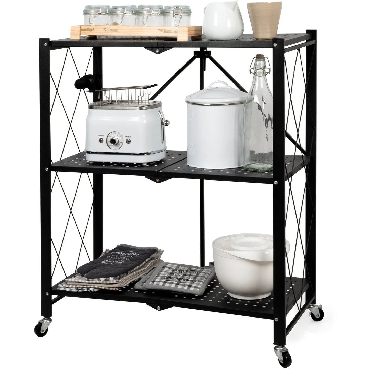 Scaffale Pieghevole Nero con 3 Ripiani in Metallo e Ruote – 87x71x34 cm