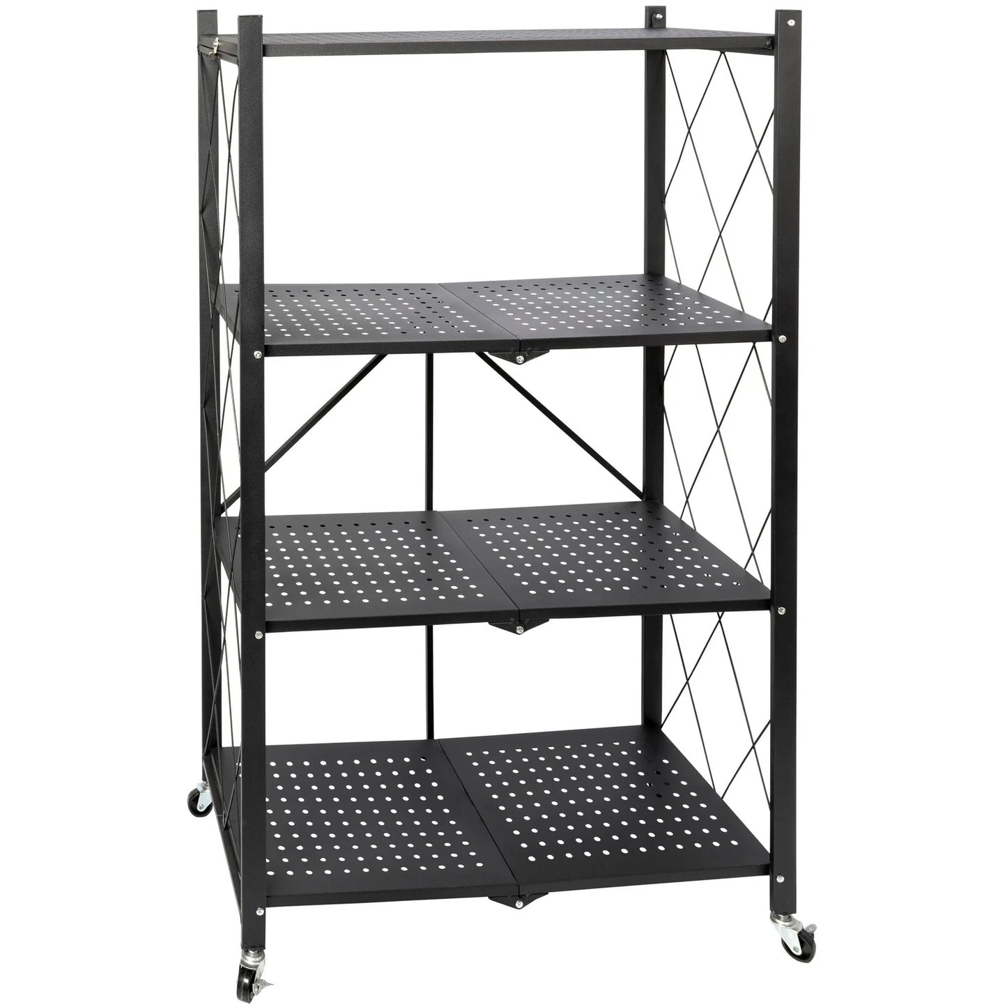 Scaffale Pieghevole Nero in Metallo con 4 Ripiani e Ruote – 124x71x34 cm