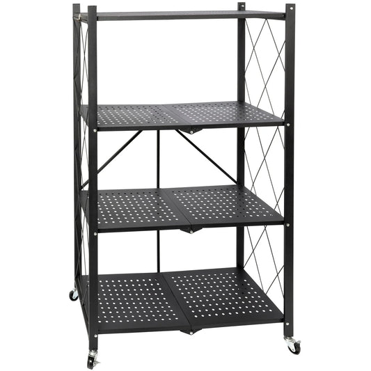 Scaffale Pieghevole Nero in Metallo con 4 Ripiani e Ruote – 124x71x34 cm