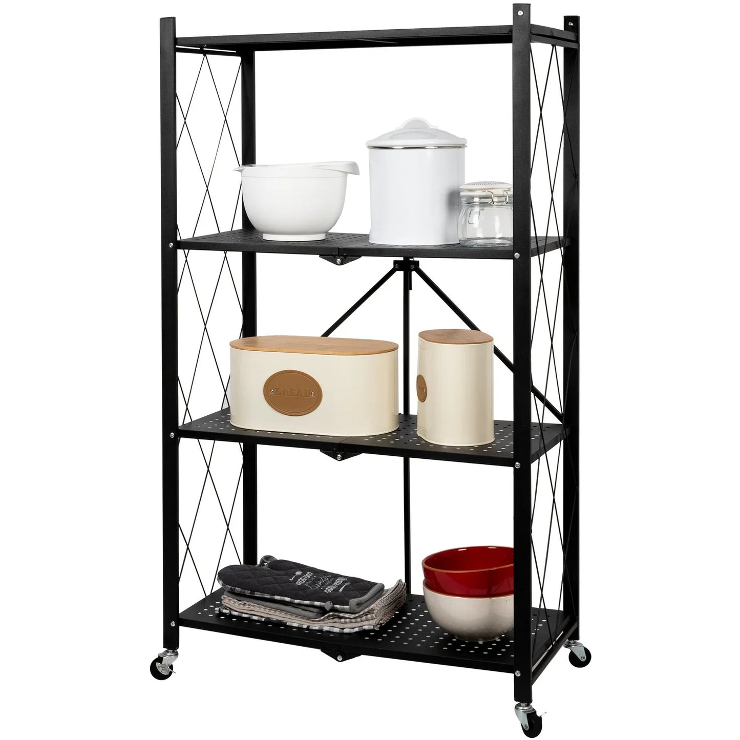 Scaffale Pieghevole Nero in Metallo con 4 Ripiani e Ruote – 124x71x34 cm