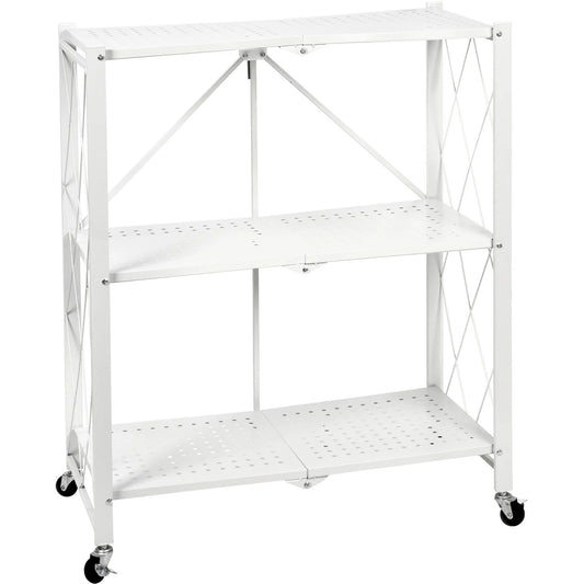 Scaffale Multiuso Richiudibile con 3 Ripiani in Metallo e Ruote – Stile Industriale Bianco