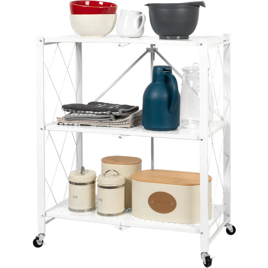 Scaffale Multiuso Richiudibile con 3 Ripiani in Metallo e Ruote – Stile Industriale Bianco