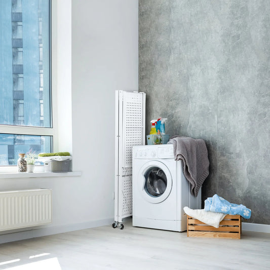 Scaffale Pieghevole Bianco in Metallo con 4 Ripiani e Ruote – 124x71x34 cm