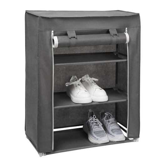 Scarpiera 3 Ripiani 9 Posti Grigio Scuro – Struttura in Metallo, Chiusura con Zip, Rivestimento TNT