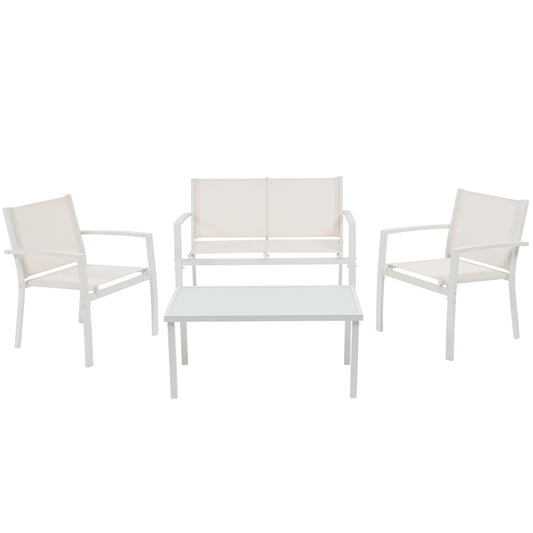 Set da Giardino 4 Pezzi – 2 Poltrone + Panchina + Tavolino con Vetro – Struttura in Metallo Bianco