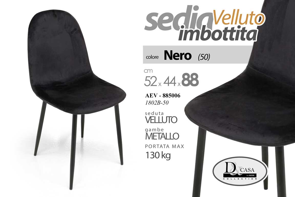 Sedia Imbottita in Velluto Nero con Gambe in Metallo – 52×44×88 cm | Eleganza Moderna per Sala da Pranzo, Ufficio o Studio