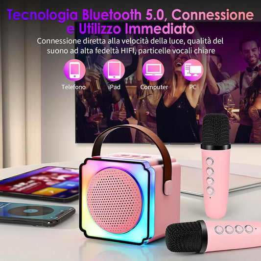Cassa Karaoke Rosa Bluetooth con Microfono Wireless, LED, Cambiavoci e Speaker HIFI – Portatile per Feste, Bambini e Famiglia
