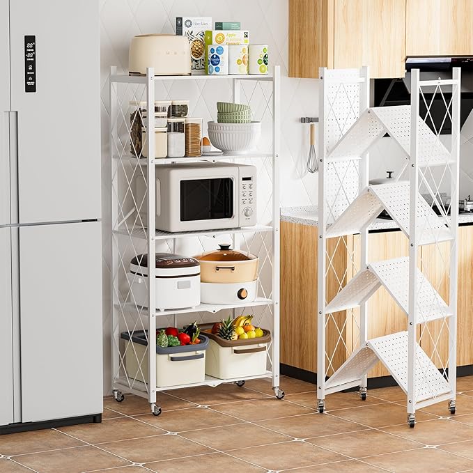 Scaffale Bianco in Metallo Pieghevole con Ruote – 5 Ripiani, Nessun Montaggio Richiesto, Capacità 240kg