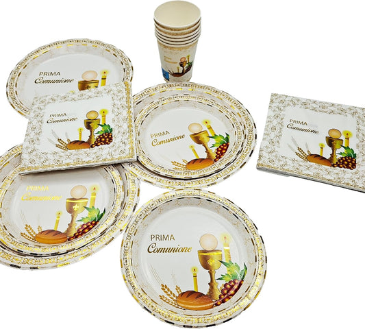 Kit Tavola Prima Comunione – 60 Pezzi con Piatti, Bicchieri e Tovaglioli Dorati