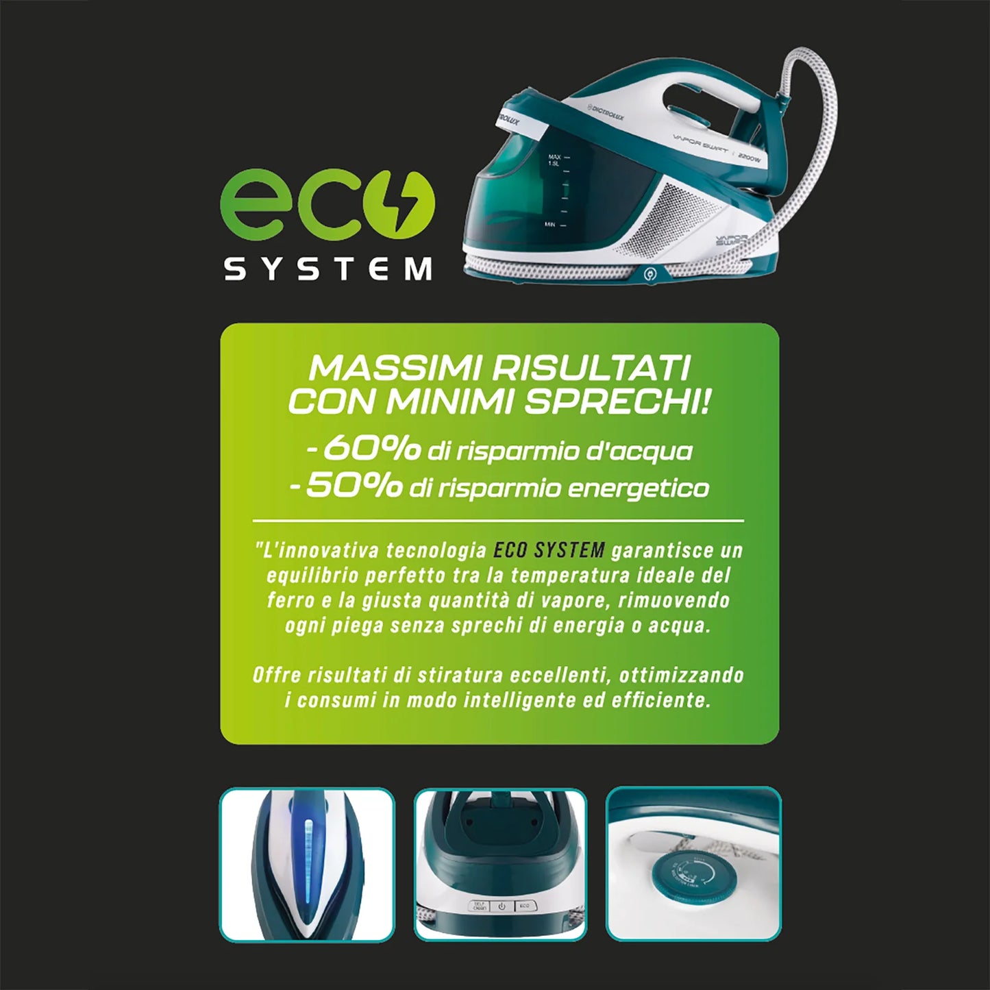 Ferro da Stiro con Caldaia Vapor Swift ECO – 2200W, Piastra in Ceramica, Tecnologia ECO SYSTEM, Serbatoio 1,5L