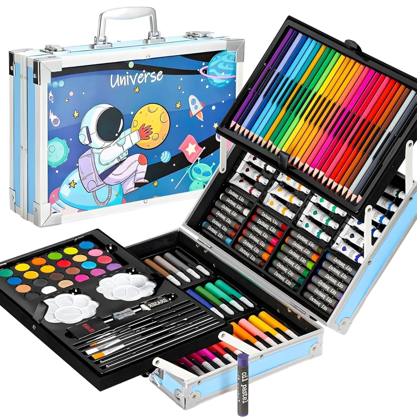 Valigetta Set Disegno Bambini 144 Pezzi – Matite, Pennarelli, Pastelli, Acquerelli e Accessori – 3 Modelli (Unicorno, Astronauta, Fairy Tales)