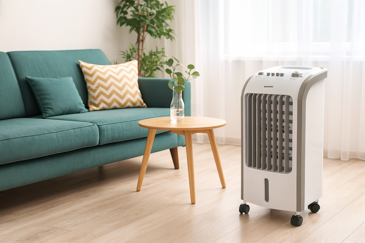 raffrescatore portatile 80w con serbatoio 4l e funzione swing raffrescatore evaporativo con 2 ice box inclusi su ruote dettaglio pannello comandi raffrescatore portatile 3 velocità vista laterale raffrescatore compatto dimensioni 58x25x26 cm raffrescament