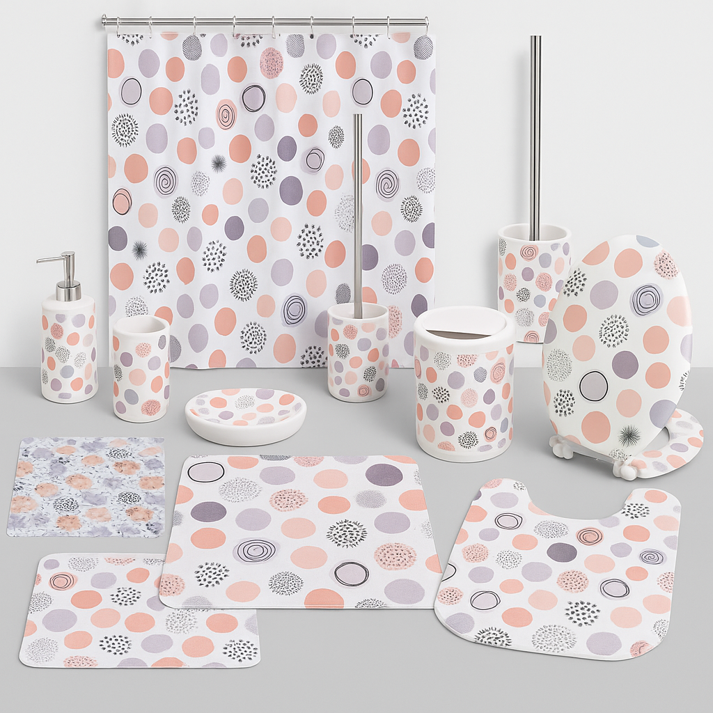 Set Accessori Bagno 10 Pezzi Coordinati – Fantasia Pois Colorati
