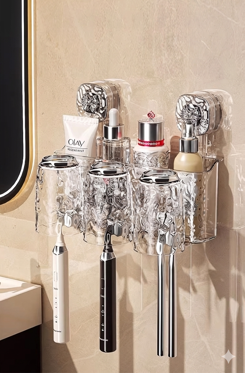 Portaspazzolini da Muro con Ventosa – Organizer Bagno Trasparente 3 Posti con Ripiano Porta Oggetti
