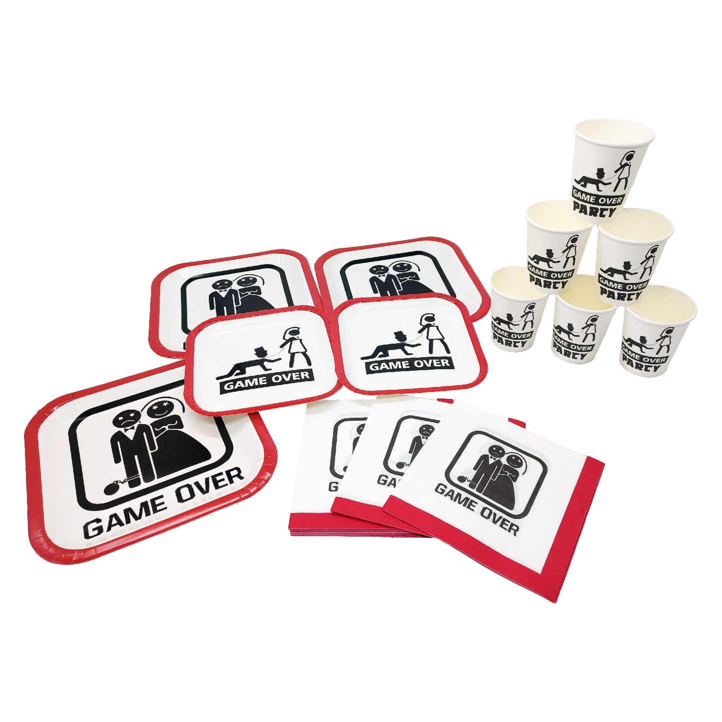 Kit stoviglie "Game Over" per feste addio al celibato/nubilato, con piatti, bicchieri e tovaglioli divertenti.