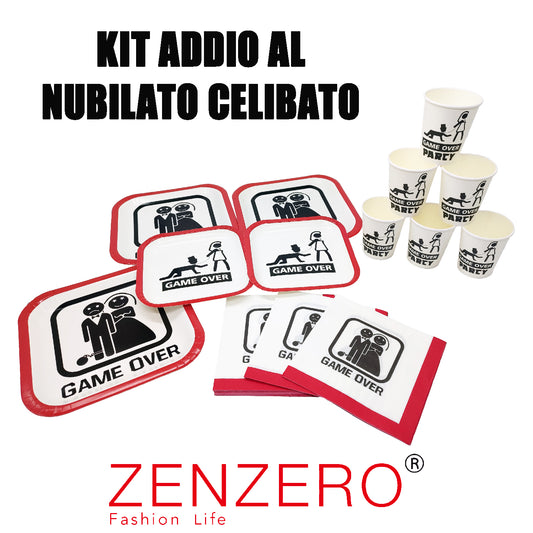Kit stoviglie addio al celibato/nubilato 'Game Over' con piatti, bicchieri e tovaglioli ironici per feste.