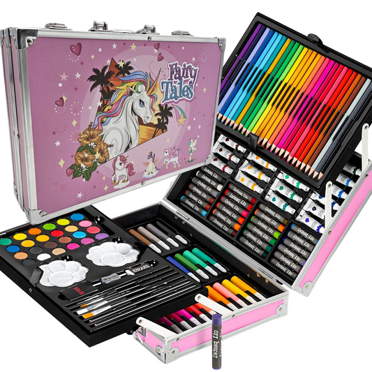 Valigetta Set Disegno Bambini 144 Pezzi – Matite, Pennarelli, Pastelli, Acquerelli e Accessori – 3 Modelli (Unicorno, Astronauta, Fairy Tales)