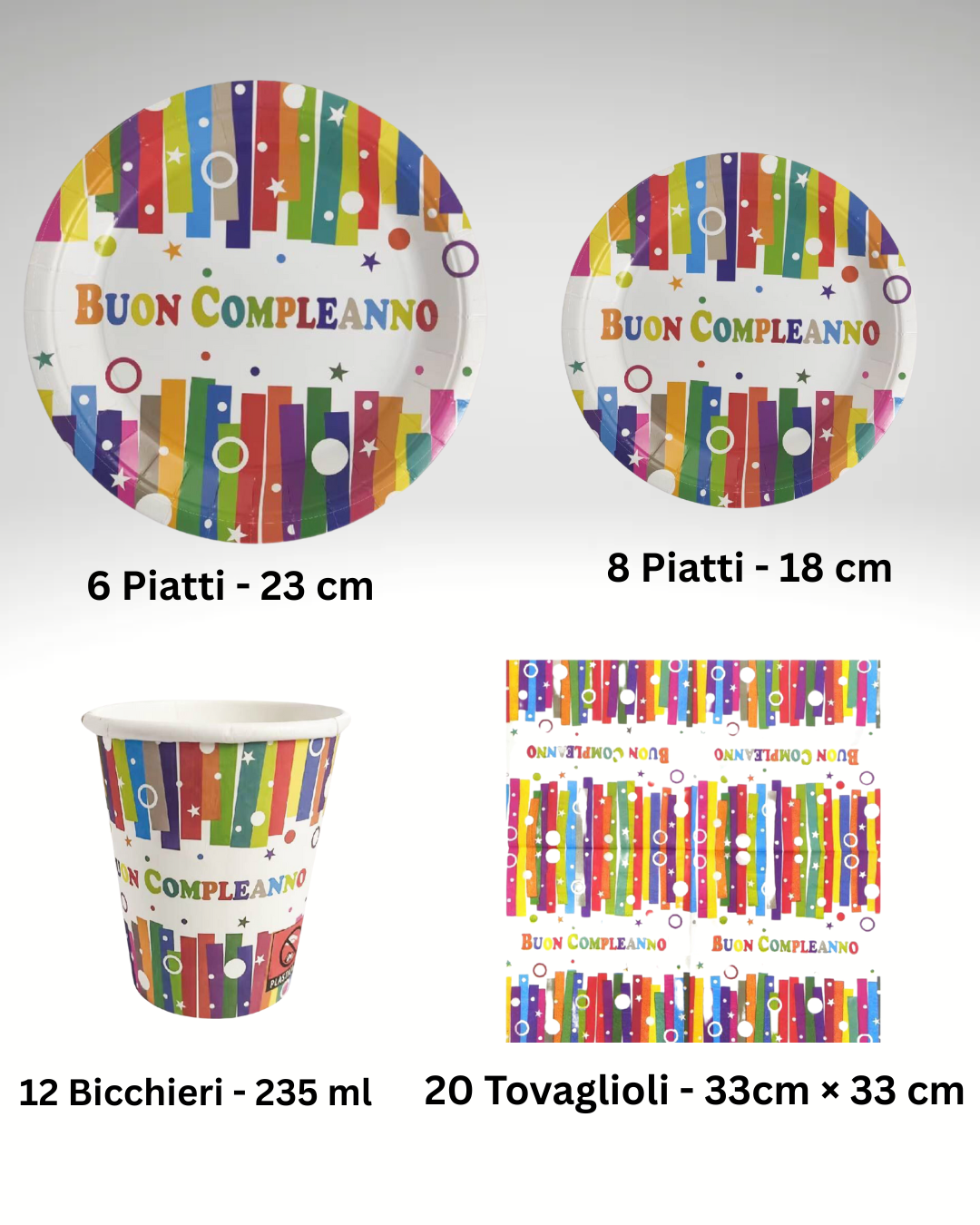 Set Stoviglie “Buon Compleanno” – Piatti, Bicchieri e Tovaglioli Colorati per Festa