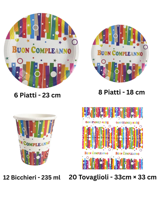 Set Stoviglie “Buon Compleanno” – Piatti, Bicchieri e Tovaglioli Colorati per Festa
