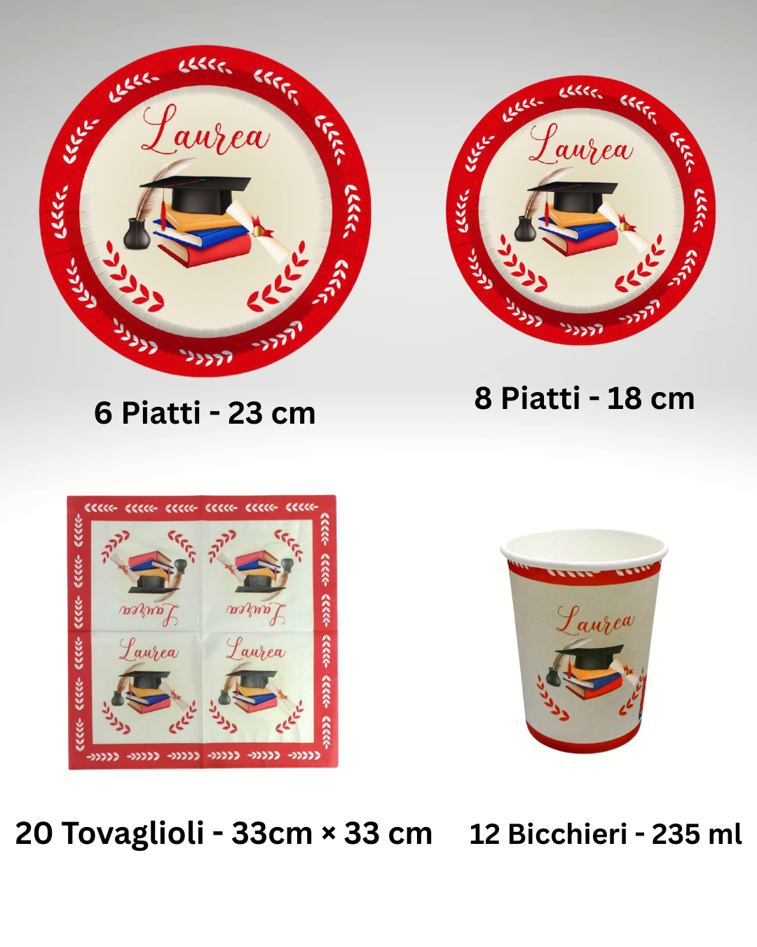Set elegante per laurea con piatti grandi, piccoli e bicchieri accademici