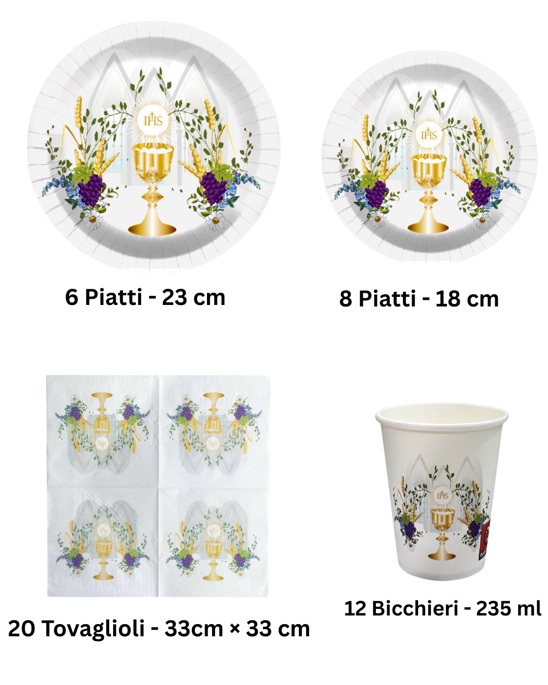Set tavola Prima Comunione con 6 piatti, 8 piatti, 20 tovaglioli e 12 bicchieri decorati con calice dorato.