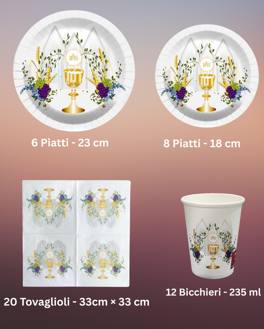 Set tavola Prima Comunione: piatti, tovaglioli e bicchieri decorati con calice dorato e fiori.