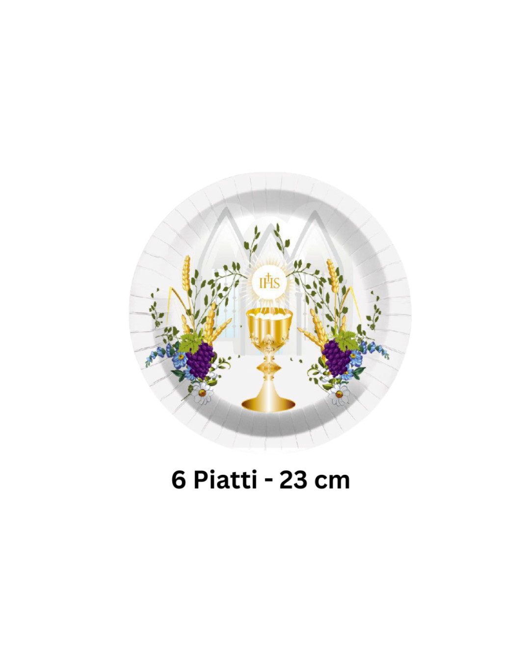 Set di 6 piatti da 23 cm per Prima Comunione con calice dorato e decorazioni floreali.