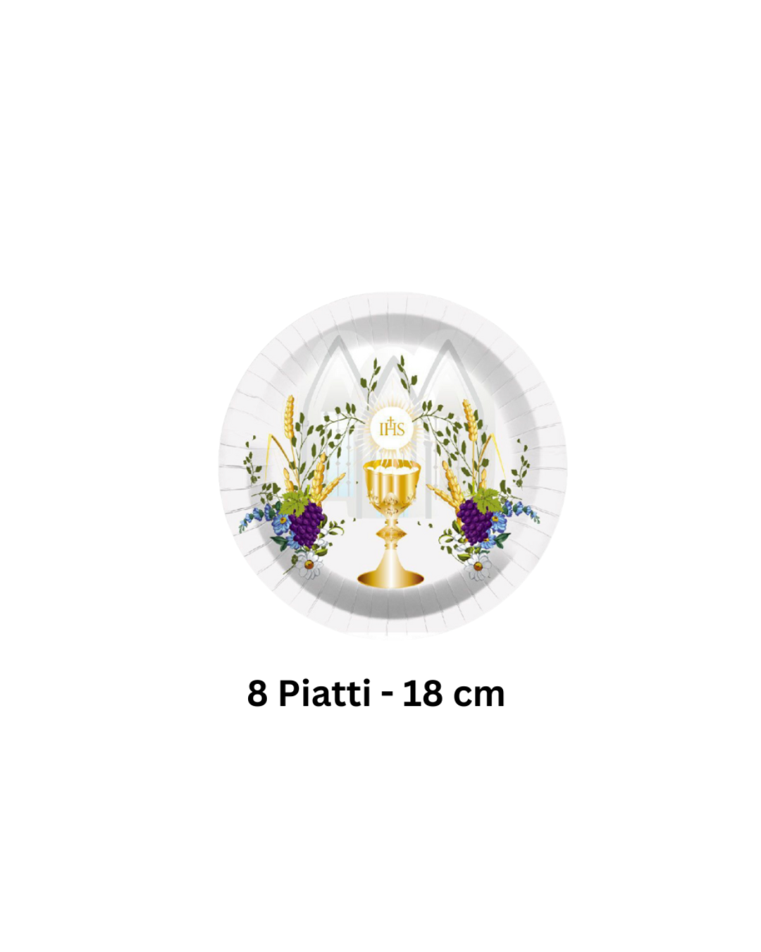 Set di 8 piatti da 18 cm decorati con calice dorato e simboli floreali per la Prima Comunione.