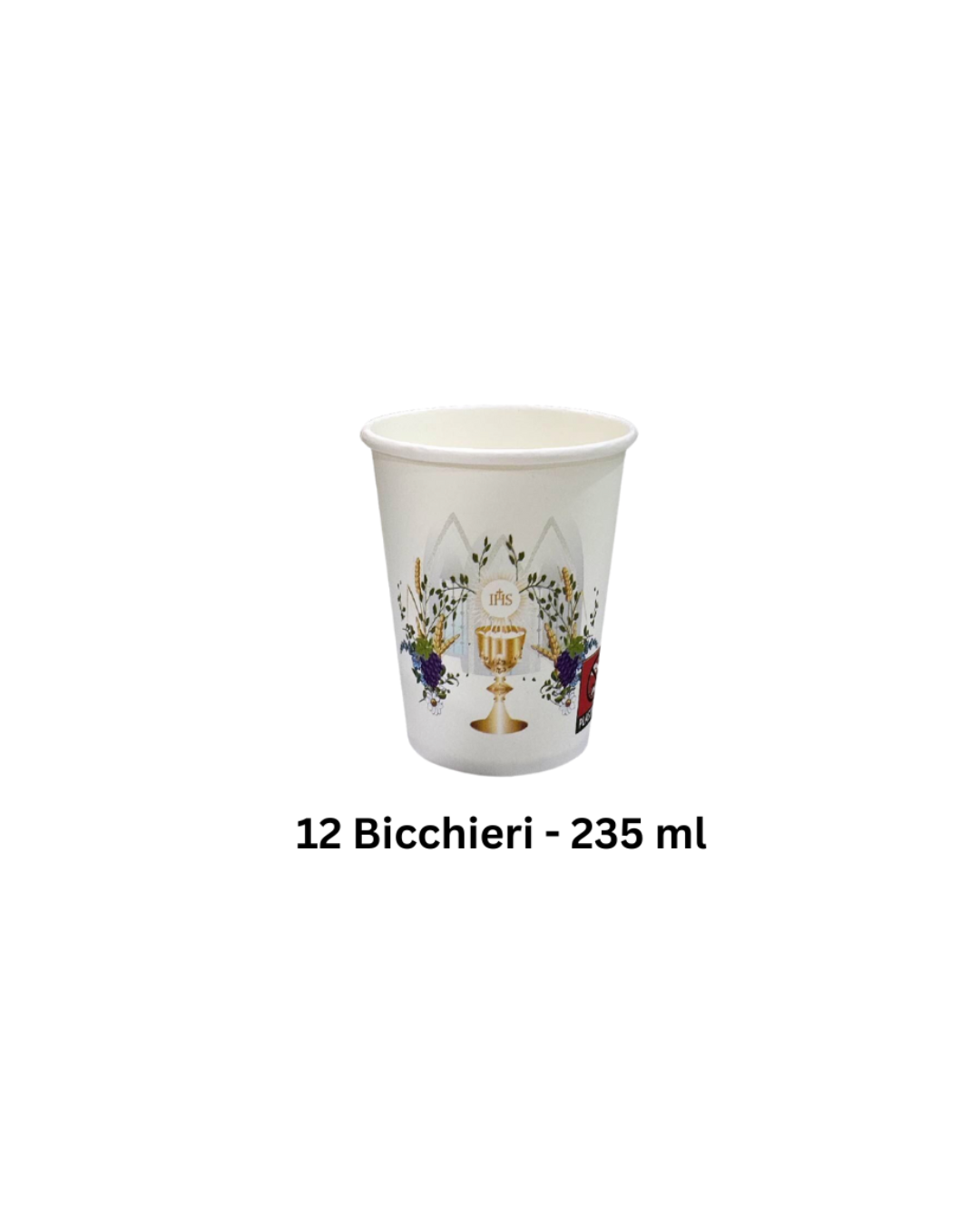 12 bicchieri in cartone decorati per Prima Comunione, 235 ml, con simboli religiosi e fiori raffinati.