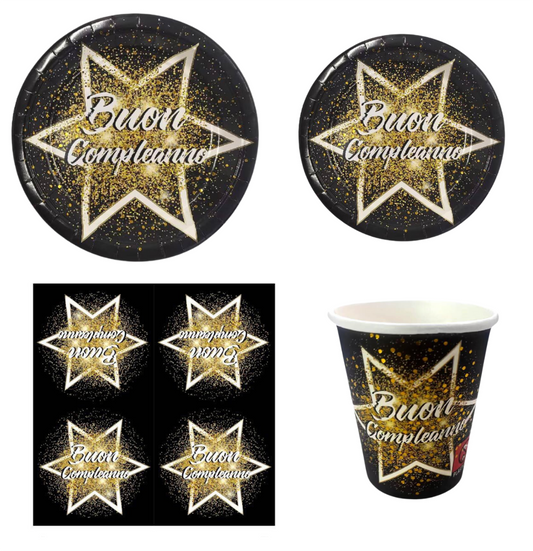 Set Festa Buon Compleanno – Piatti, Bicchieri e Tovaglioli Nero e Oro