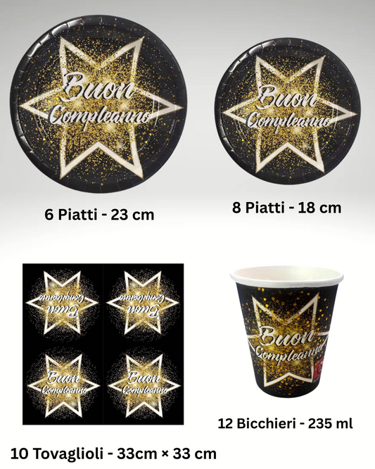 Set Festa Buon Compleanno – Piatti, Bicchieri e Tovaglioli Nero e Oro