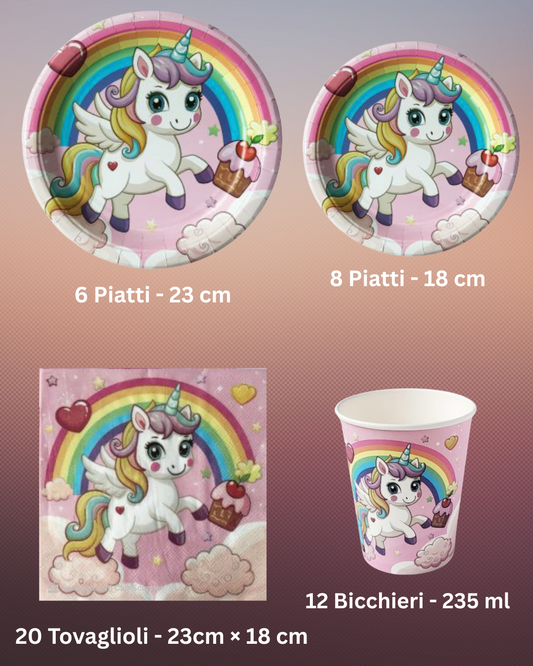 Set Festa Unicorno Arcobaleno – Piatti, Bicchieri e Tovaglioli (46 Pezzi)